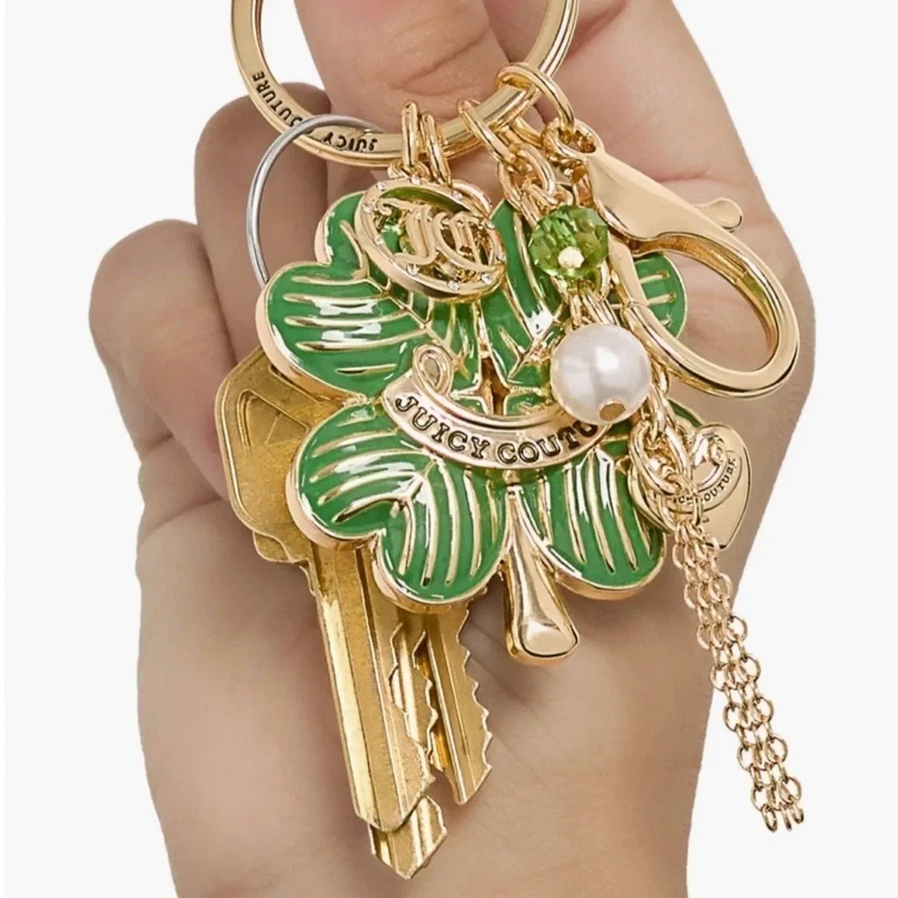 Juicy Couture New Lucky Clover Charm Keychain Gold and Green Accents Pearl